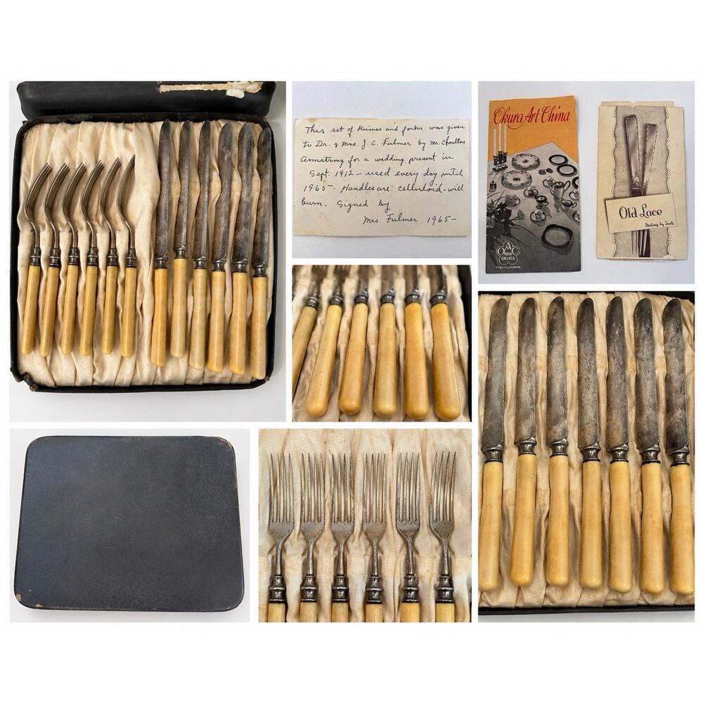 Antique 1912 Wedding Gift Knife Fork Set Celluloid Handles w/ Note
